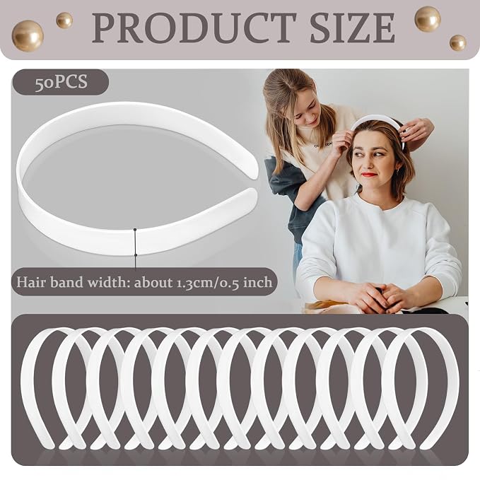 50PCS 1/2 Inch Plain Plastic Headbands for Girls No Teeth DIY Hair Accessories, White