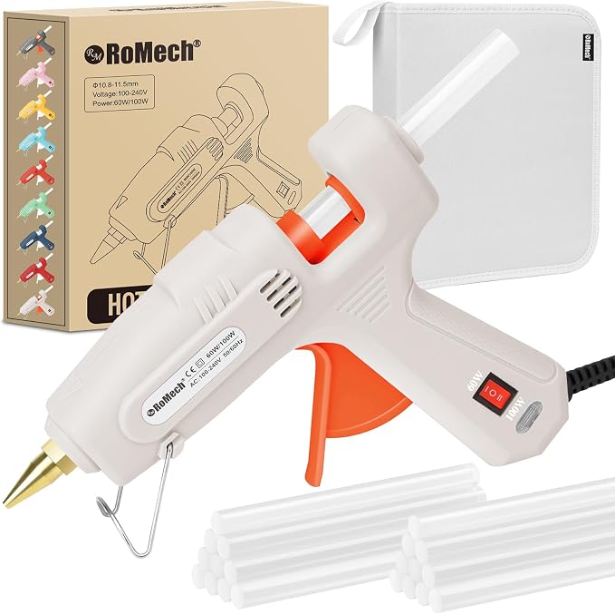 RoMech 60/100W Dual Temp Hot Glue Gun and Sticks Set, Full Size with Case