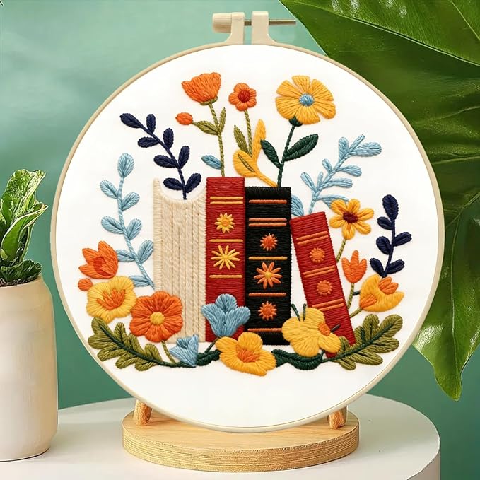 Zhenqing Book Lover Embroidery Kit for Beginners, Floral Book Stack Needlework Craft with Pre-Printed Cotton Fabric, Hoop, Threads & Tools, Reading Decor (C0071)