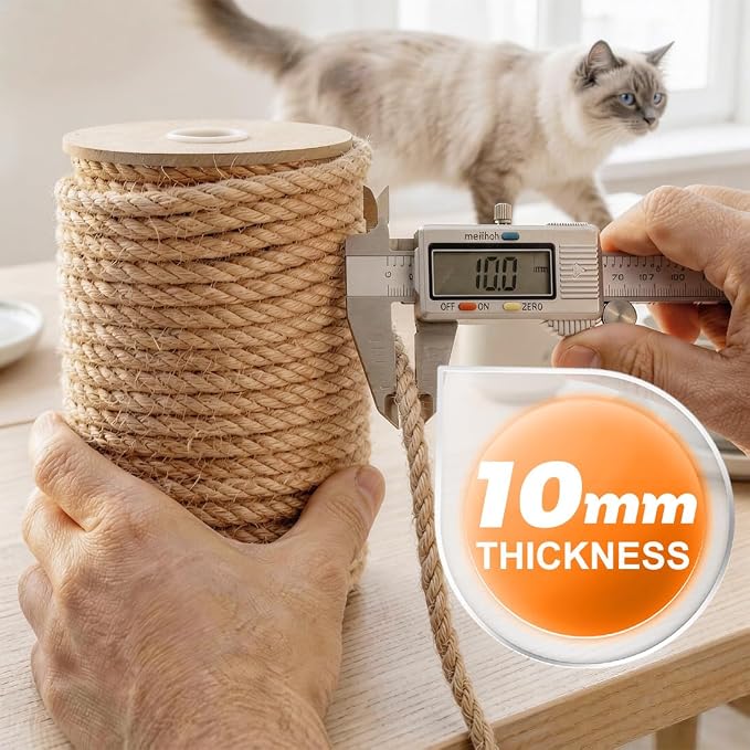 Jute Rope 10MM x 100FT Heavy Duty and Thick Twine Rope for Crafts Projects Gardening Bundling Cat Scratcher Scratching Post Tree Gift Wrapping Home Christmas Decoration (Brown 10mm* 100ft)