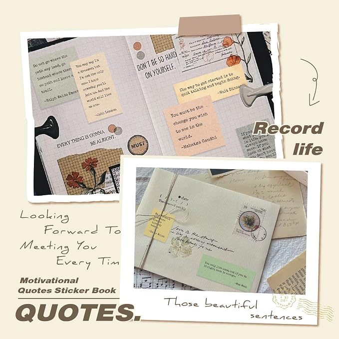 Prstincol 24 Sheets Vintage Motivational Quote Stickers Pad wtih Tweezer,246 Pcs Inspirational Typewriter Font Quotes Pad,Word Stickers for Scrapbook Junk Journal Bullet Journal DIY Craft Card Making