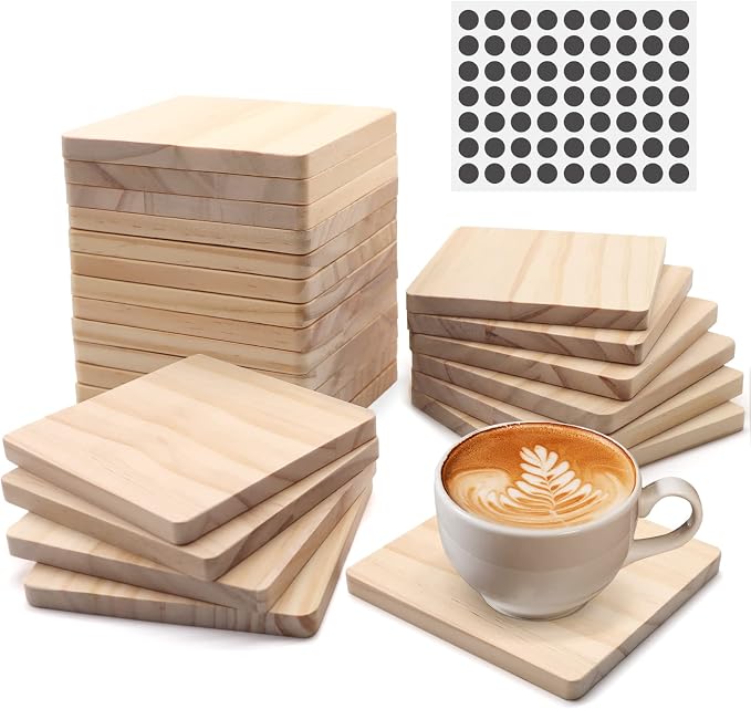24 Pack 4 Inch Unfinished Square Wood Coasters with Non Slip Pad
