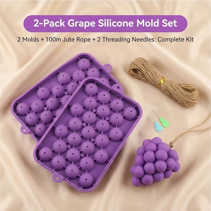 DIY Soap Making Kit, 2 Pack Grape Soaps Silicone Molds with Jute Rope and Threading Tools for Beginners Adults Crafters Handmade Soap Making Gift & Home Decor (Without Soaps)