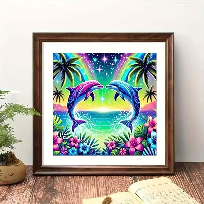 OJTOYART Dolphins Diamond Painting Kits for Adults,Cute Tropical Animals 5D Diamond Painting Kits for Beginners,DIY Round Full Drill Diamond Gem Art Crafts Paintings,Home Wall Decor 13.79X13.79Inch