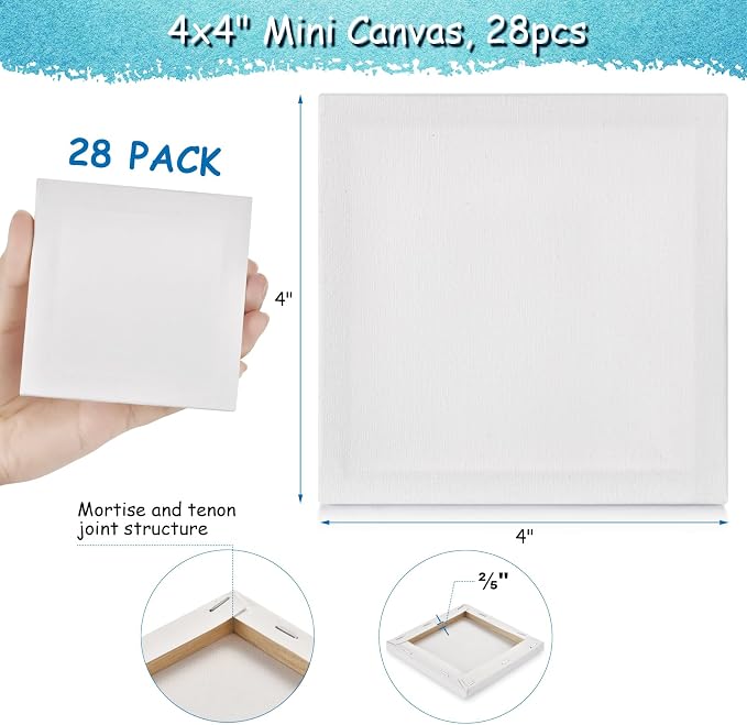 28PCS Mini Canvases for Painting – 4 x 4 in Bulk Small Square Stretched Canvases, 0.5 in Thick Blank Canvas for Students, Art Supplies, School & Home Crafts