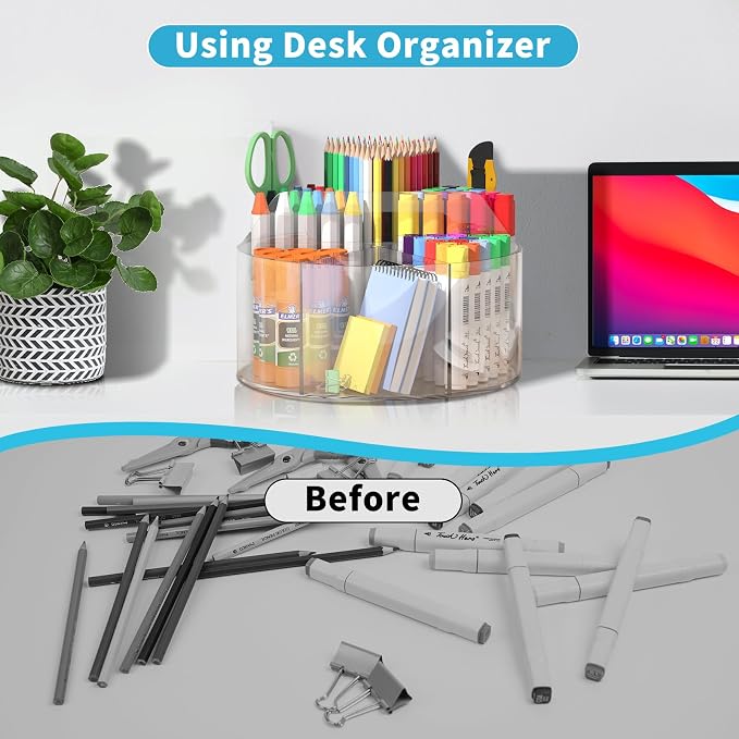360 Degree Acrylic Desk Organizer Clear Pen Holder for Desk Kids 2 Packs | Pencil Holder Rotating Lazy Susan Organizer for School Supplies, Marker Holder Art Supply Storage Organizer with 6 Dividers