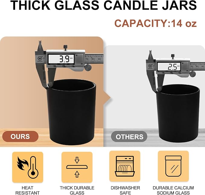SHOWIN 14 OZ Thick Candle Jars for Making Candles 12 Pcs, 3 Wick Empty Jars with Wood Lids for Candle Making, Sample Container,Matte Black