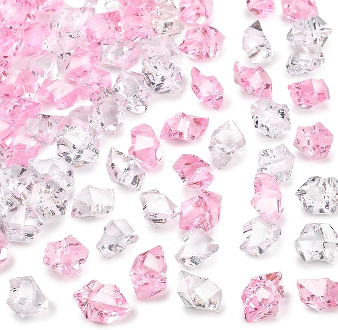 DomeStar Pink and Clear Fake Ice Rocks, 150 PCS Acrylic Crystal Vase Filler
