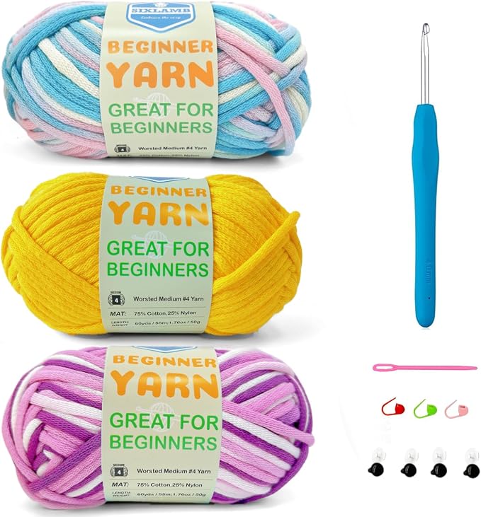 3 * 50g/1.76oz Yarn for Crocheting and Knitting, 3 * 60yds Beginner Yarn with Easy-to-See Stitches; Worsted-Weight Medium #4;Amigurumi-Friendly Crochet Kit(Violet+Yellow+Blushing Blue)