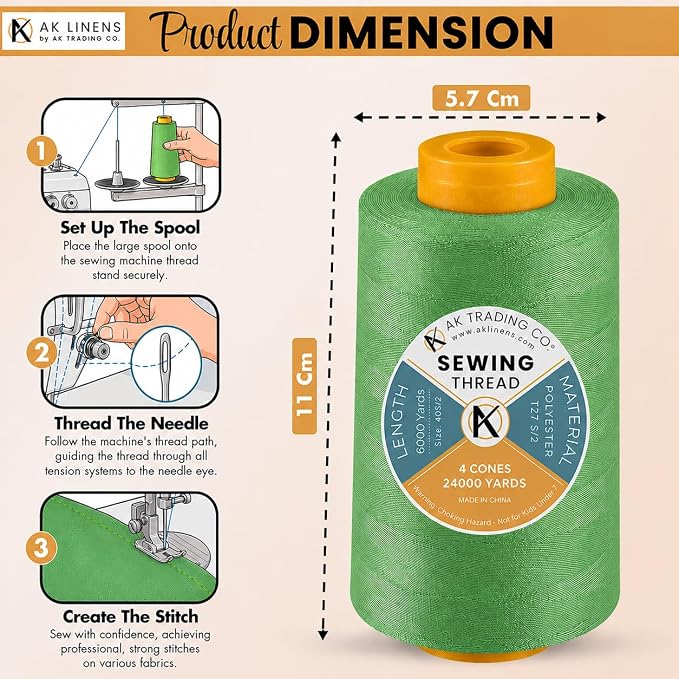 AK TRADING CO. 4-Pack NEON Green All Purpose Sewing Thread Cones (6000 Yards Each) of High Tensile Polyester Thread Spools for Sewing, Quilting, Serger Machines,Overlock, Merrow & Hand Embroidery