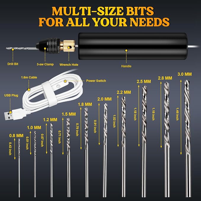 LET'S RESIN Electric Drill, 74Pcs Mini Drills with 3-Jaw Clamp&10 Drill Bit | Electric Resin Drill with 3-jaw Chuck 0-3mm Adjustable Range, Keychain Making Kit, Jewelry Making Kit, Electric Hand Drill