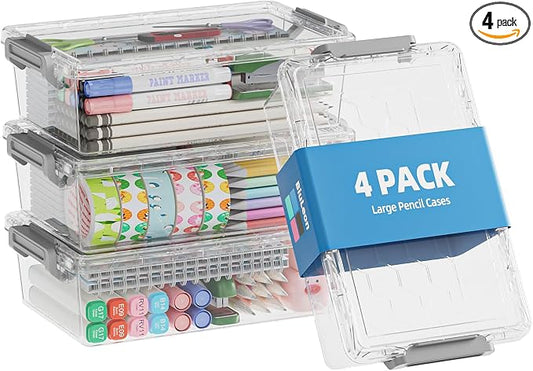 BiuLeon 4 Pack Extra Large Pencil Box, Plastic Pencil Case Organizer, Clear Crayon Box Marker Organizer, Stackable Craft Organizers and Storage for Pen, Craft, Art Supply(Grey)