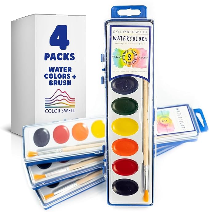 Color Swell Bulk 8 Color Watercolors with Wood Brushes - 4 Packs