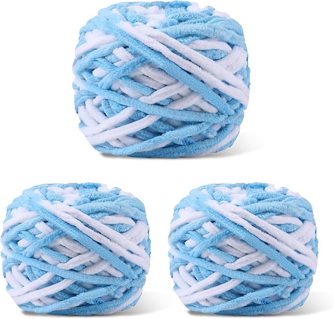 Plush Chenille Chunky Yarn for Crocheting 100g(54.6yd) - Bulky Thick Fluffy Yarn for Knitting- Soft Velvet for Baby, Blanket Knitting Blanket Yarns- Amigurumi Yarns (3-Blue + White)