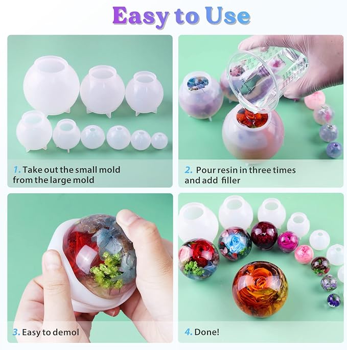 LET'S RESIN 9 Pcs Sphere Silicone Molds for Resin, Upgraded Seamless 3D Sphere Resin Molds Silicone,Large Round Ball Epoxy Resin Molds for Flowers Preservation,Resin Casting, Soap, Candle | for Epoxy & UV Resin, Large Round Molds for Flower Preservatio...