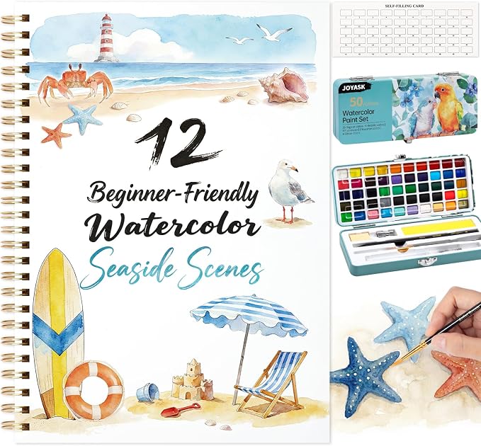 Watercolor Workbook with 12 Seaside Patterns,50 Colors Watercolor Paint Set | Water Coloring Book, Beginner-Friendly Watercolor Workbooks for Creative Exploration Gift for Adults