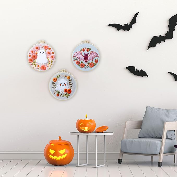 LB Pink Halloween Embroidery Kit for Beginners Adults, 3 Sets Hand Embroidery Starter Kit with Ghost Pattern and Instructions Stamped Cross Stitch Kits Include Embroidery Hoop Needles Threads Scissors