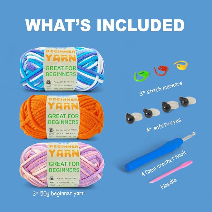 3 * 50g/1.76oz Yarn for Crocheting and Knitting, 3 * 60yds Beginner Yarn with Easy-to-See Stitches; Worsted-Weight Medium #4;Amigurumi-Friendly Crochet Kit(Lavender+Orange+Blue Sky)