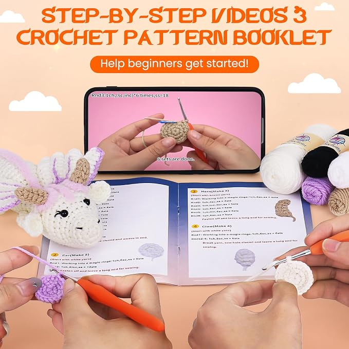 Crochet Kit for Beginners, Beginner Crochet Kit for Adults with Step-by-Step Video Tutorials, DIY Crochet Animal Kits Knitting Supplies, Purple Dragon (40%+ Yarn)