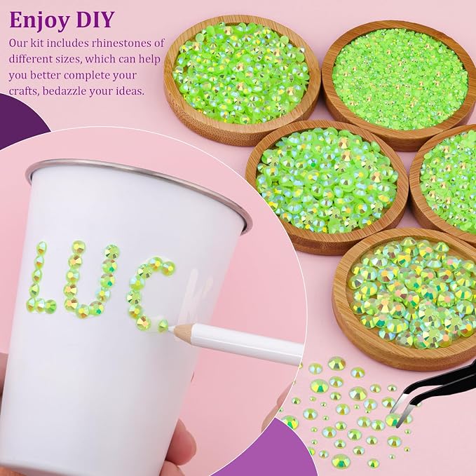 Resin Jelly Rhinestones for Crafting with B7000 Jewelry Glue, 1 Box Fluorescent Green AB Flatback Crystal with 3Pcs 10ml Glue, Bedazzling Non Hotfix Gems for DIY Tumblers Clothing Shoes Manicure