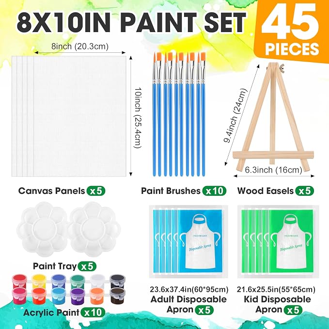 ESRICH 5 Pack 8x10 Canvas and Easel Set, Mini Acrylic Paint, Paint Brushes, Palettes, Aprons, Paint Kits for Adults Couples Friends Date Night Painting Party Supplies