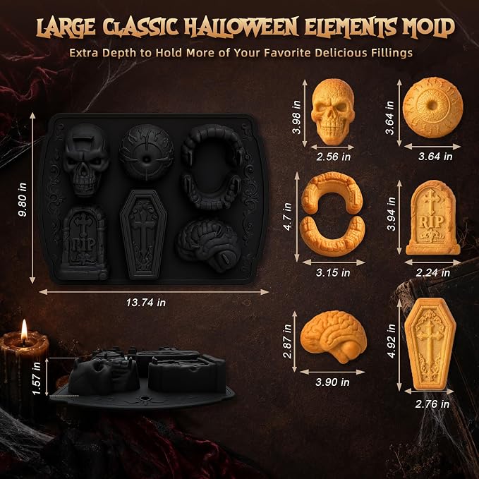 HKNMTT Skull Cake Pizza Pan 6 Spooky Shapes Halloween Silicone Baking Mold | Skull Eyeball Fangs Tombstone Coffin Brain Cake Mold for Pizza Chocolate Musse Soap Ice Cubes Non-Stick Food Grade