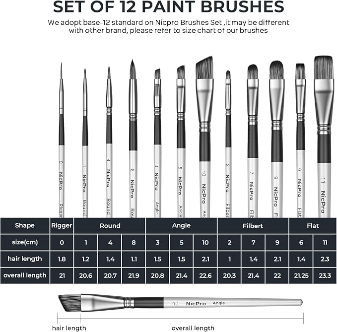 Nicpro 12pcs Artist Paint Brush Set, Paint Brushes for Acrylic Painting | Craft Paintbrushes for Oil Watercolor Gouache, Tempera, Face Body, Fabric Leather Model, Art Supplies for Artists Beginners