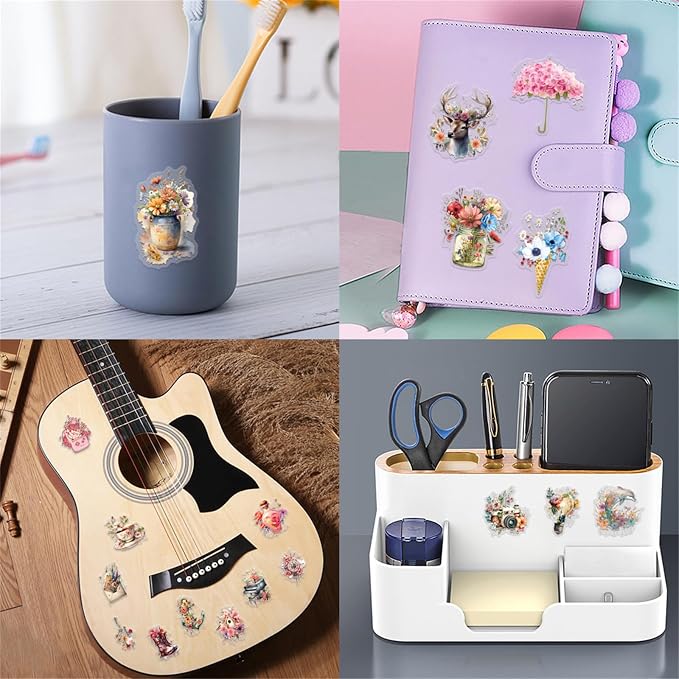 55Pcs Vintage Watercolor Floral Stickers,PET Transparent Flowers Sticker Waterproof Decorative Decals for Journaling, Decoupage, Planners, laptops, Phone Case, Gift & Card Making(Colourful-F1)