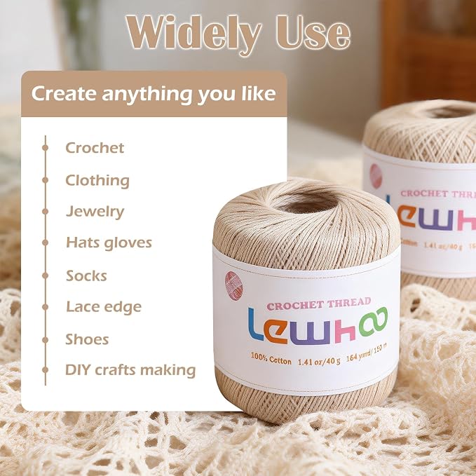 Size 3 Crochet Thread, 3 Pack Lace Yarn Ball 100% Cotton Natural