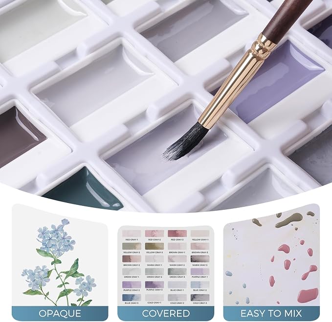 Fuumuui CREAMORA Watercolor Paint Set 24 Color Opaque Semi-Solid Muted Gray Tone Paint | for Soft Gradient, Professional Adult Beginner Artist Supplies for Realistic Landscape Hobbyists Art Painting