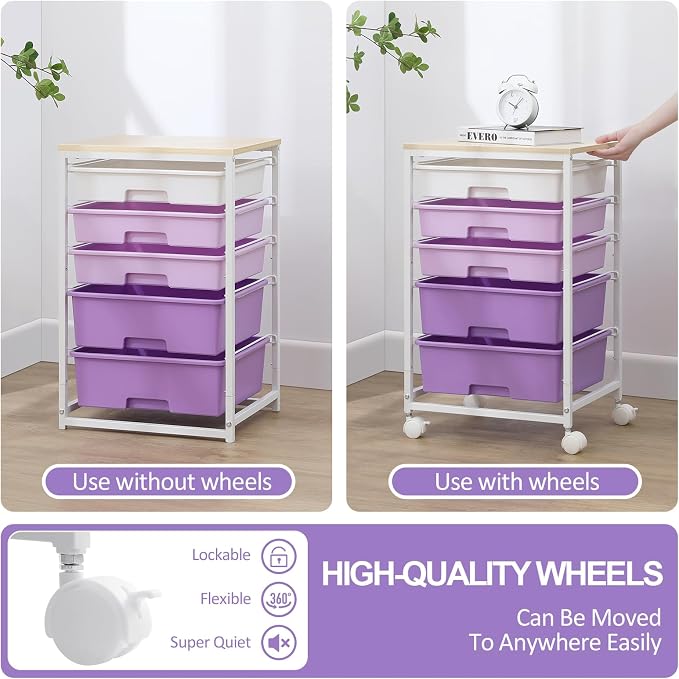 SYKIARIOL Utility Cart with 5 Drawers with Wooden Top,Purple | 5-Tiers Storage Cart with Drawers with Lockable Wheels for Craft Organizers and Storage,Home Office,Classroom,Dorm ,Playroom