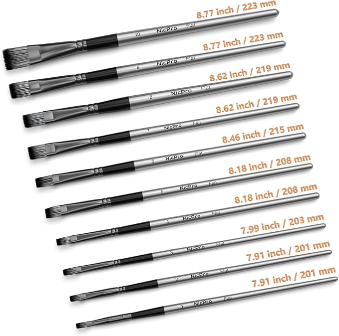 Nicpro 10 PCS Flat Paint Brush Set, Art Painting Brushes for Acrylic, Watercolor, Oil, Gouache, Craft, Detail, Face Body Painting, Base Coating, Artist Paintbrush Kit for Kid & Adult