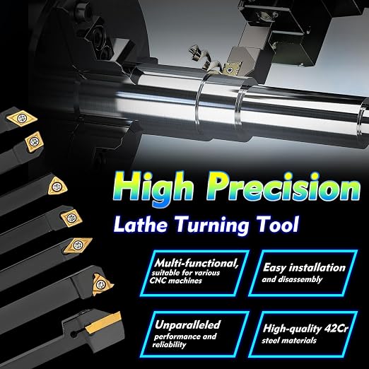 Indexable Lathe Turning Tool 21Pcs Kit 1/4'' 6mm Shank 7Pcs Metal Lathe Tools Holder Set with 14Pcs Turning Inserts for Turning Grooving Threading Boring Carbide Inserts Carbide Turning Tool
