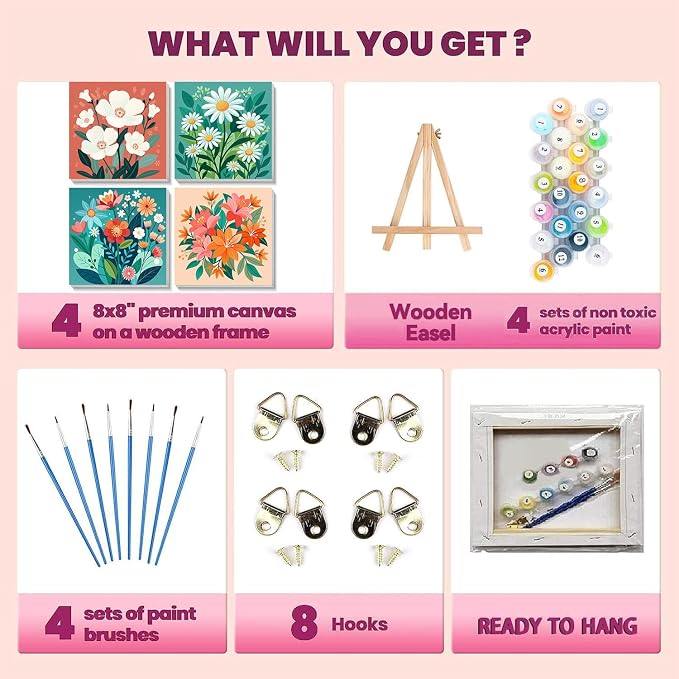 cviokrdu 4 Pack Paint by Numbers Kit for Kids with Frame - Wooden Easel, Flowers Paint by Numbers for Kids Ages 4 8 12, Easy Flower Acrylic Oil Painting Kits for Home Wall Decoration 8x8 inch
