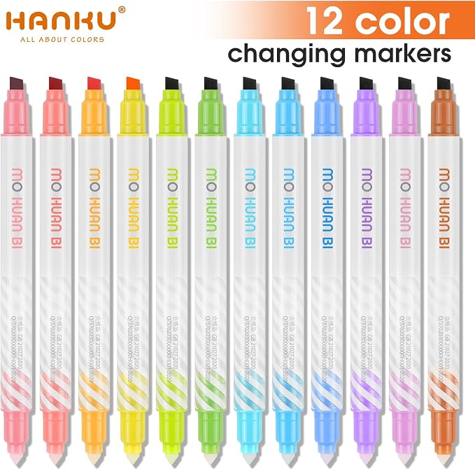 HANKU 12 Pack Color Changing Highlighter Markers, Dual-Tip Magic Highlighters, Assorted Colors Journaling Drawing School Office Art Supplies