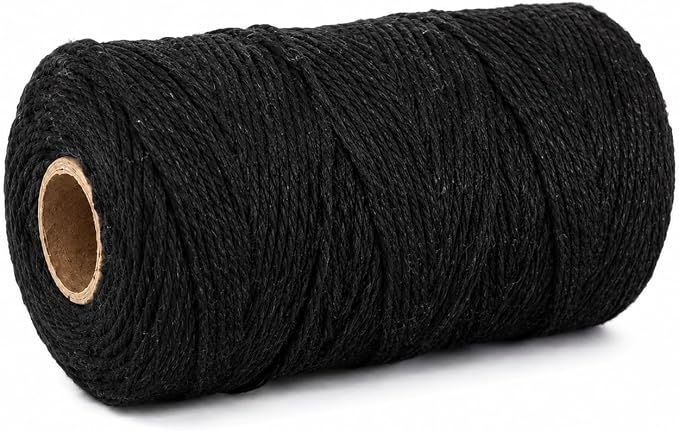 G2PLUS 656 Feet Black String,2MM Cotton Twine for DIY Arts & Crafts | 656 Ft Long Roll for lasting use,Soft Cotton Cord For Gift Wrapping, Crafts, Home Decor and Holidays