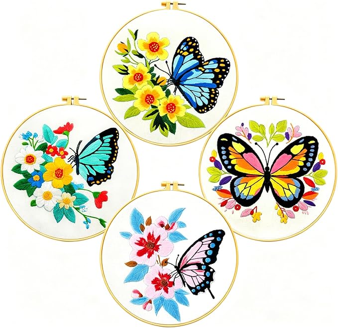 Zhenqing Butterfly Embroidery Kit 11.4x11.4 Inch - Complete Embroidery Set with Fabric, Threads, Needles & Hoop - Beginner-Friendly DIY Craft Kit for Adults (C0041)