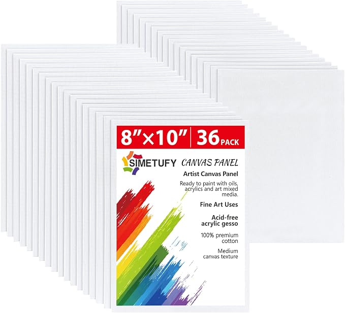 Simetufy 36 Pack 8x10 Inch Canvas Boards for Painting, Blank Canvas Panels | Gesso Primed Acid-Free 100% Cotton for Acrylics Oil Watercolor Tempera Paints