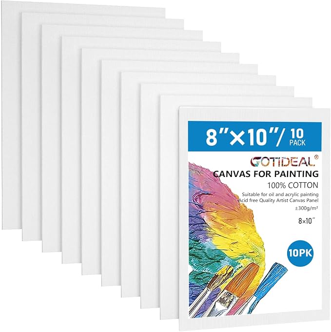 GOTIDEAL Canvas Boards, 8x10 inch Set of 10, Art Supplies Canvas Panel | 100% Cotton Gesso Primed White Blank Canvases for Painting, Acrylic Paint, Pouring, Oil Paint, Watercolor, Gouache