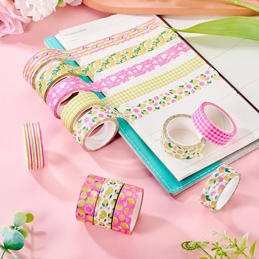 12 Rolls Lemon Washi Scrapbook Tape 15mm Pink Yellow Decorative Bible Tape Set Pack Aesthetic Colored Tapes Rolls Stickers for Crafts DIY Scrapbook Study Journaling Planner Supplies