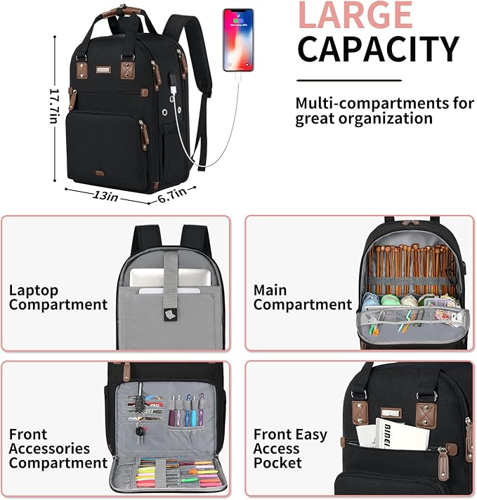 SINVICKO Crochet Bag, Knitting Bag Backpack and Totes Organizer with USB Charging Port, Large Yarn Storage Tote Bag