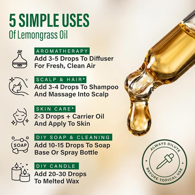 Kukka 100% Pure Lemongrass Essential Oil for Skin, Diffuser, 4 Fl Oz | Undiluted for Skin, Diffuser, Aromatherapy and Massage Blends, Non-GMO, with Dropper, Lemon Grass Oil