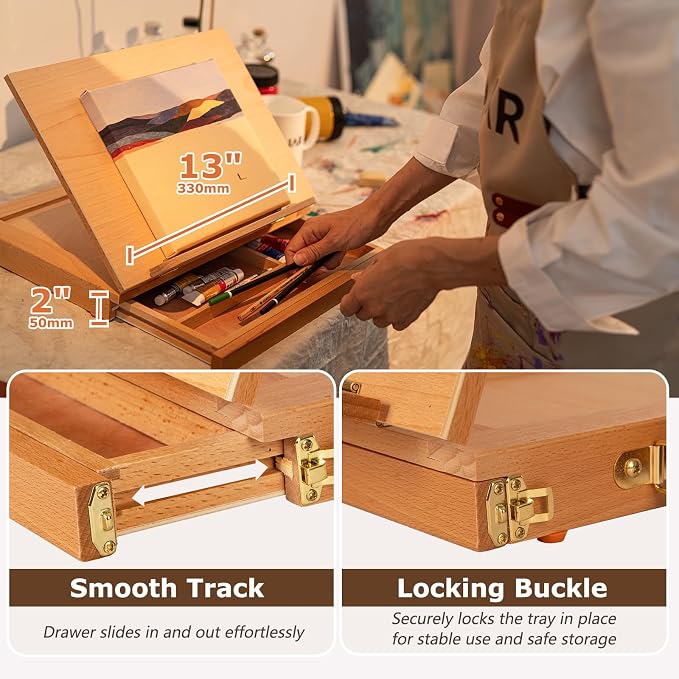 DJAR Tabletop Sketchbox Art Easel with Storage & Palette, Solid Beechwood | Hold Canvas up to 11" x 14", Compact Adjustable & Portable Stand for Painting, Sketching, Drawing and Art Supplies Storage
