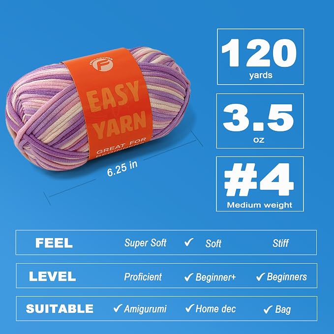 2x3.5Oz Beginner-Friendly Yarn for Crocheting and Knitting;Worsted-Weight Medium #4;Cotton Blend Yarn for Beginners with Easy-to-See Sitches,Great for Amigurumi DIY (Azure Waves+Lavender)
