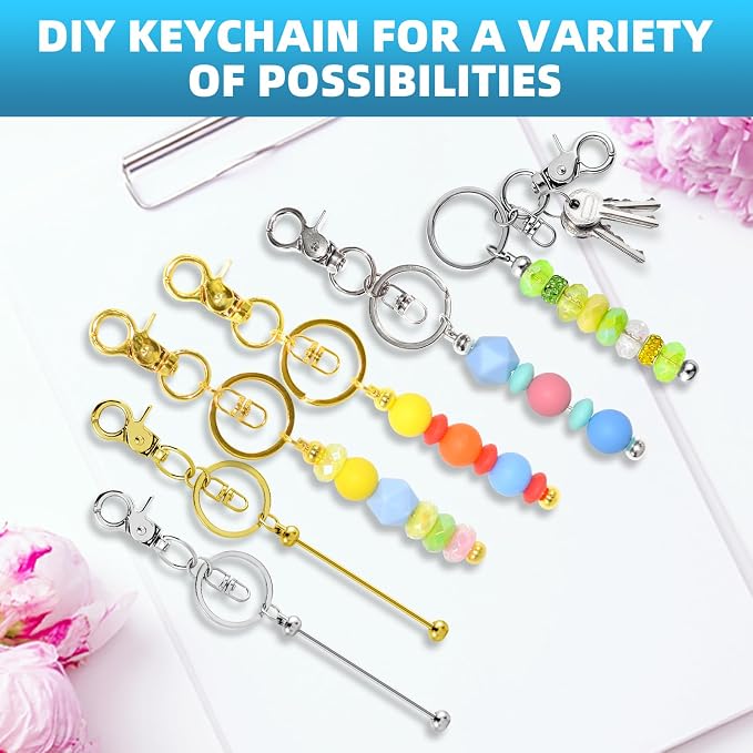 20 Pcs Beadable Keychains Bulk Kit – DIY Keychain Making Supplies with Metal Blanks for Crafts, Jewelry, Charms, Custom Projects – Blank Chain Bars for Beaded Keychain Design (Gold + Silver)