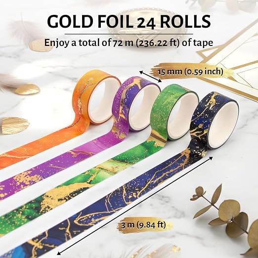 NANYNNU Gold Washi Tape Set - 24 Rolls Metallic Foil Marbling Washi Tape, Decorative Washi Tapes for Junk Journal Supplies, Bullet Journal Supplies, DIY Crafts, Scrapbooking, School Supplies
