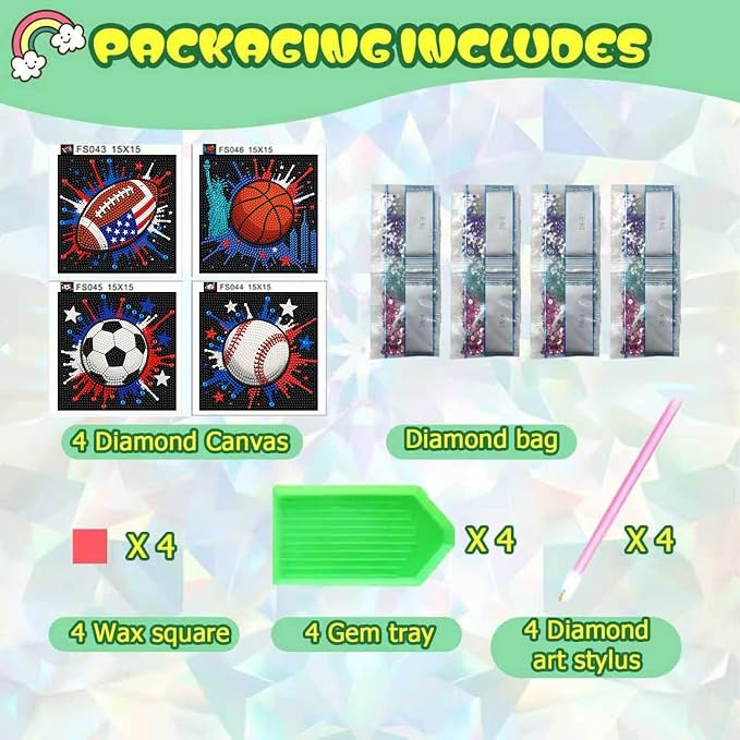 ICYANART 4 Pack Diamond Art Painting Kits for Kids Age 6-12 6x6 Inch | Sport Diamond Art Kits for Kids, Small Diamond Art Kits, Art and Crafts for Kids, Gift and Home Wall Decor(no Frame)