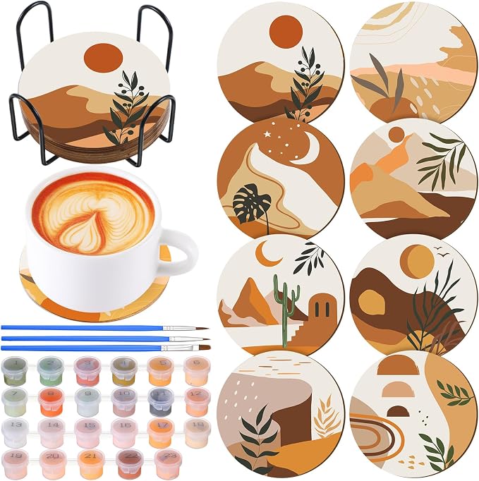 Reallnaive 8 Pcs Boho Paint by Numbers Kit for Adults Wooden Coasters | Mini Paint by Numbers, Tiny Cute Round Oil Painting Drink Coaster with Holder, for Small DIY Craft Birthday Gift