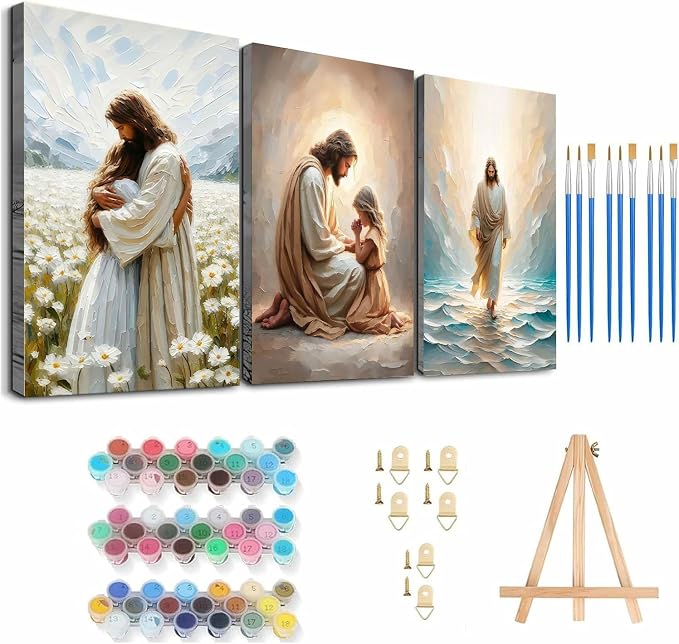 3 Pack Paint by Numbers Kit for Adults Framed Canvas, with Wooden Easel