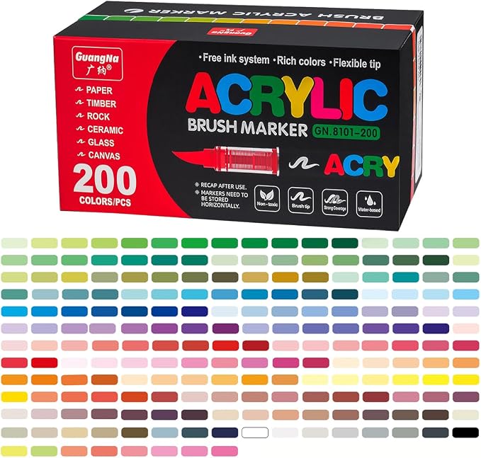 Acrylic Paint Markers, 200 Colors Acrylic Markers Set, Brush Tip
